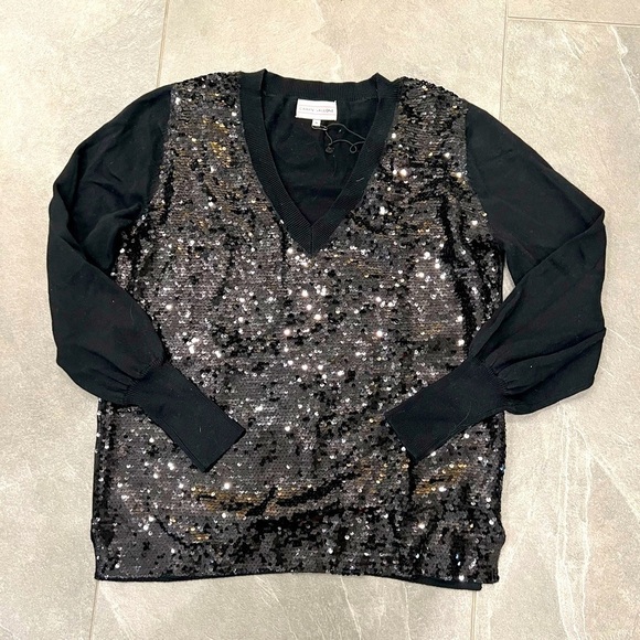 CARYN VALLONE NWT Black cotton & sequin V neck sweater size medium - Picture 1 of 9